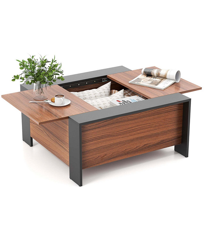 Costway 36.5'' Coffee Table Square Cocktail Tea Table with Sliding Top and Hidden Compartment