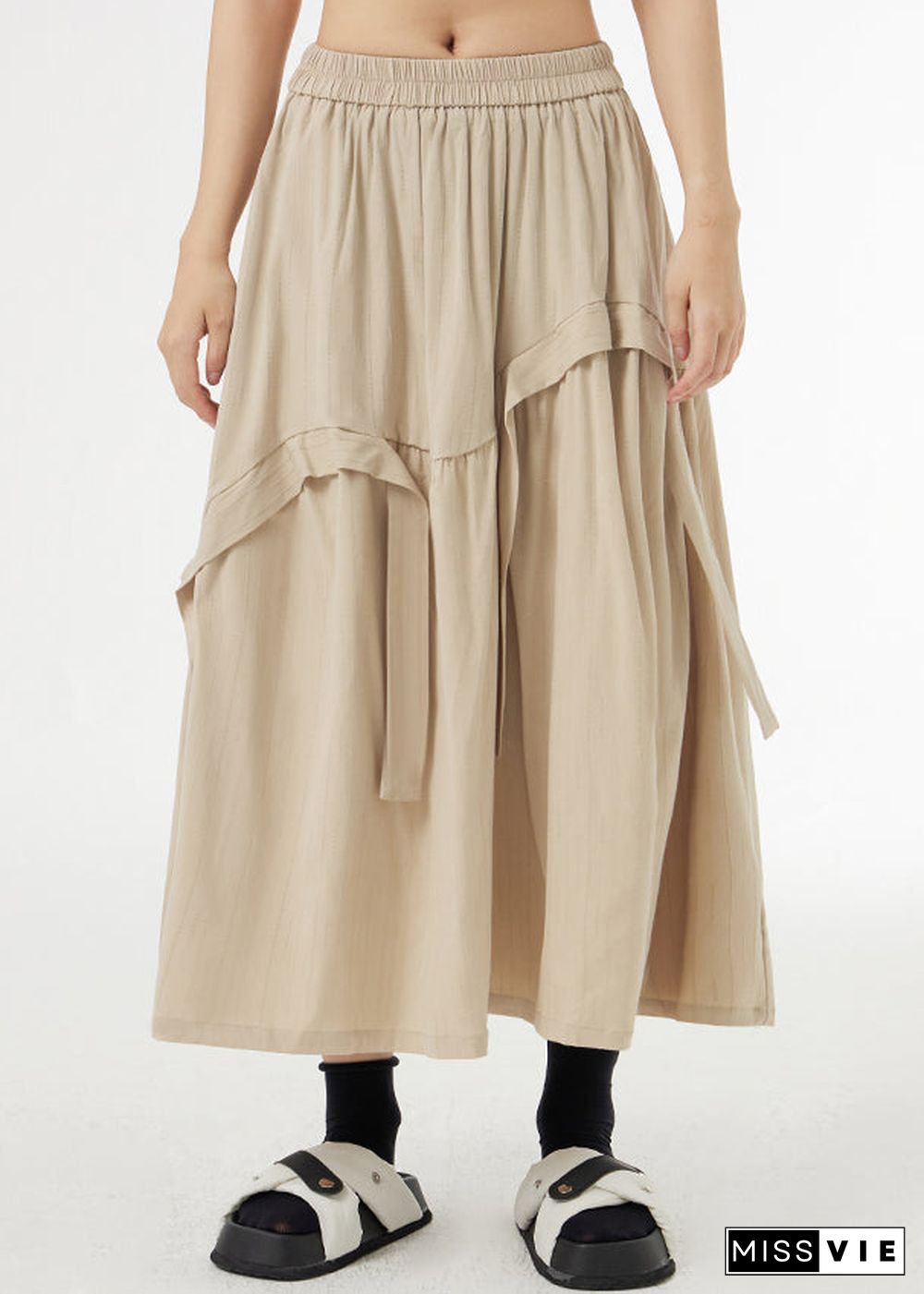 Boutique Apricot Asymmetrical Pockets Patchwork Silk Cotton Skirts Summer