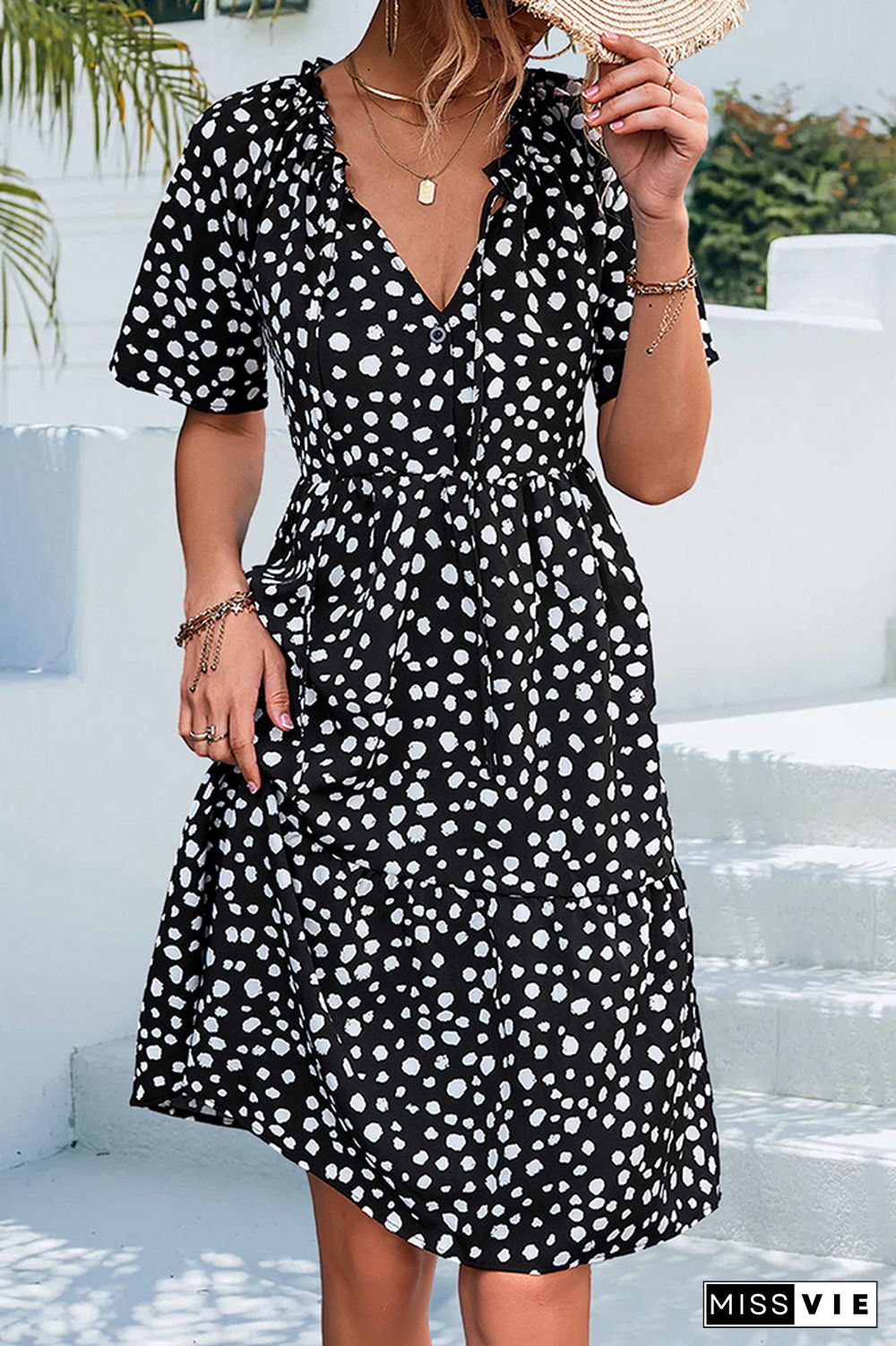 Ruffles Split Collar Leopard Print Button Shirt Dress