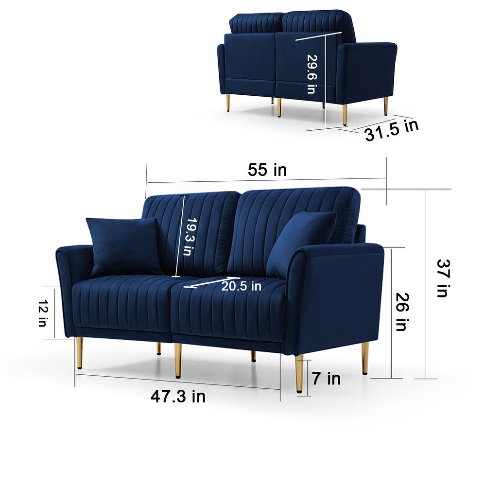 Blue Velvet Upholstered Loveseat Sofa Channel Tufting Lounge Loveseat with Reversible Back and 2 Pillows  Living Room Couch