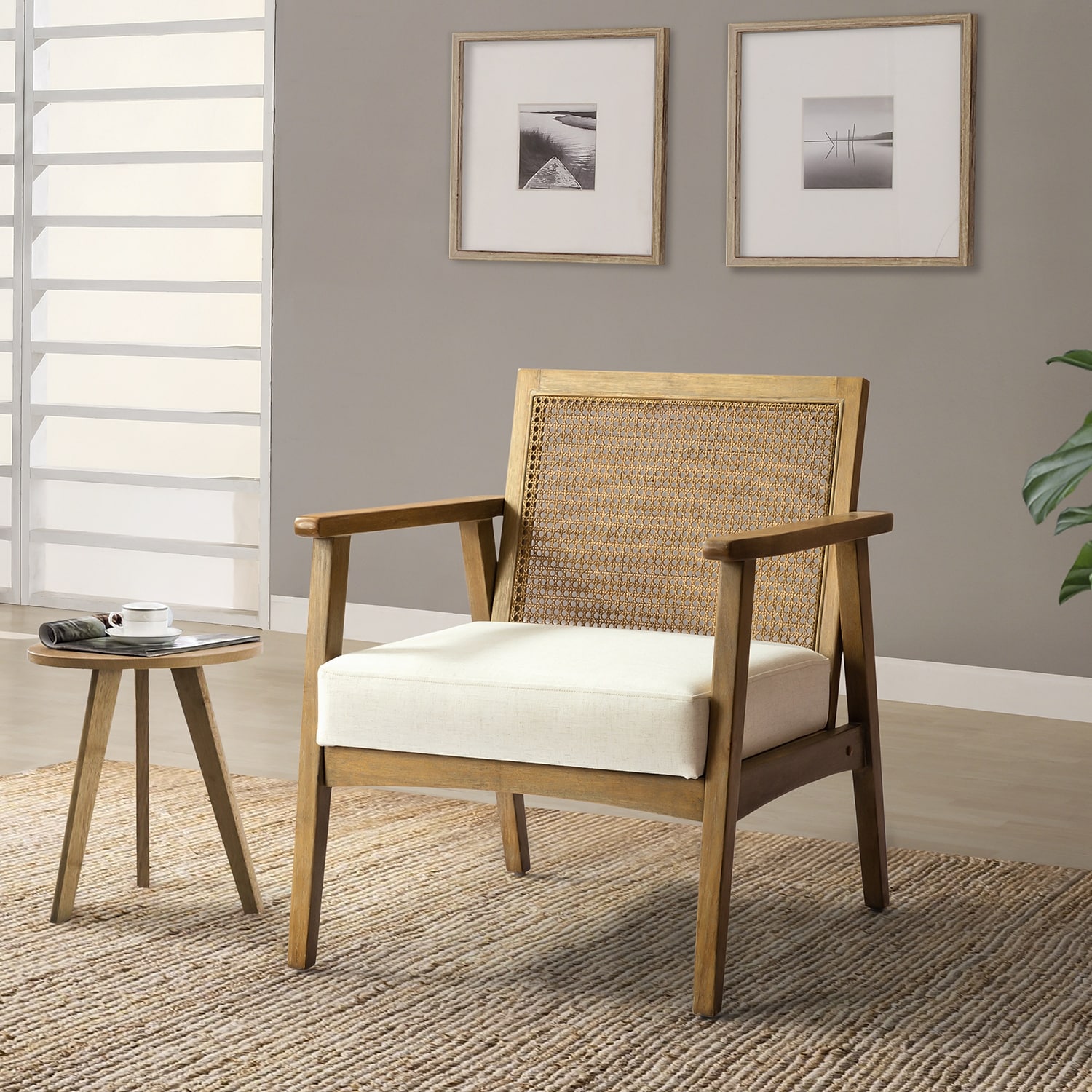 Mid-century Modern Wood Accent Armchair with Rattan Back