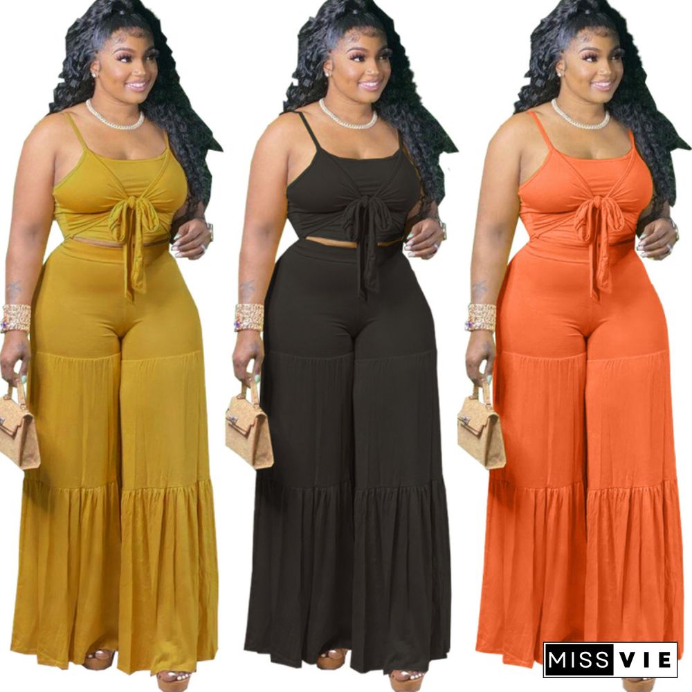 Women Plus Size Solid Color Spaghetti Strap Lace-up Crop Tops Wide Leg Pants Casual Loose 2 Pieces Set