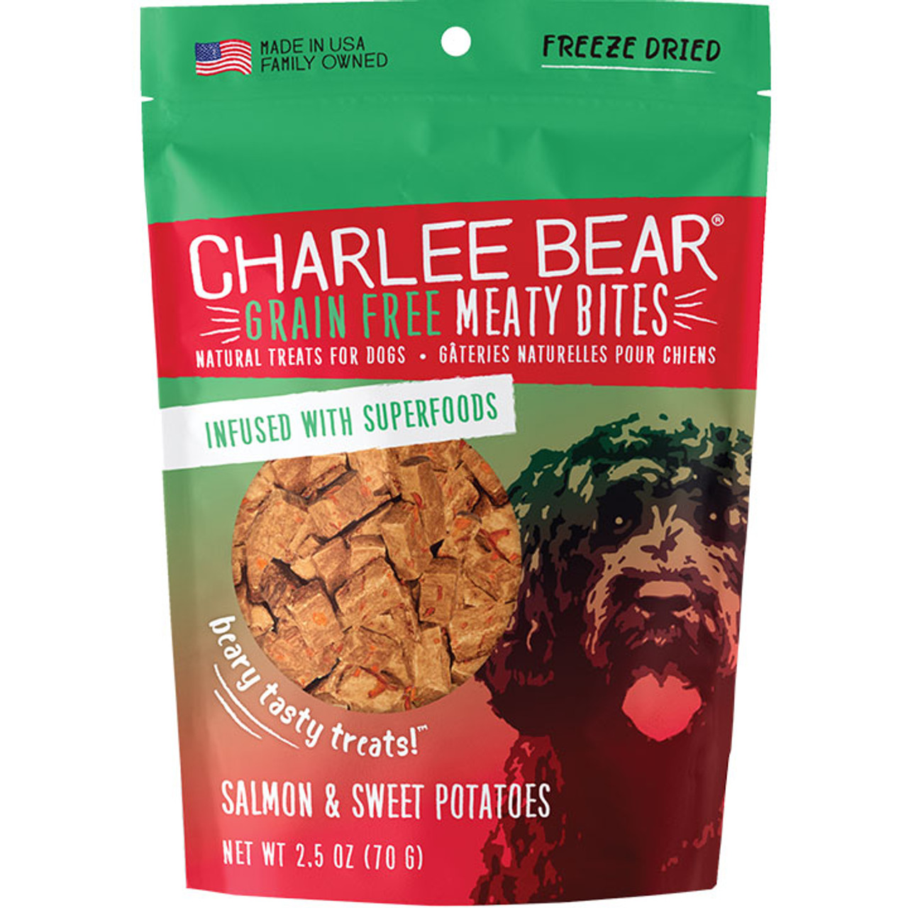 Charlee Bear Grain Free Meaty Bites Salmon and Sweet Potatoes Dog Treats， 2.5 Oz. Bag