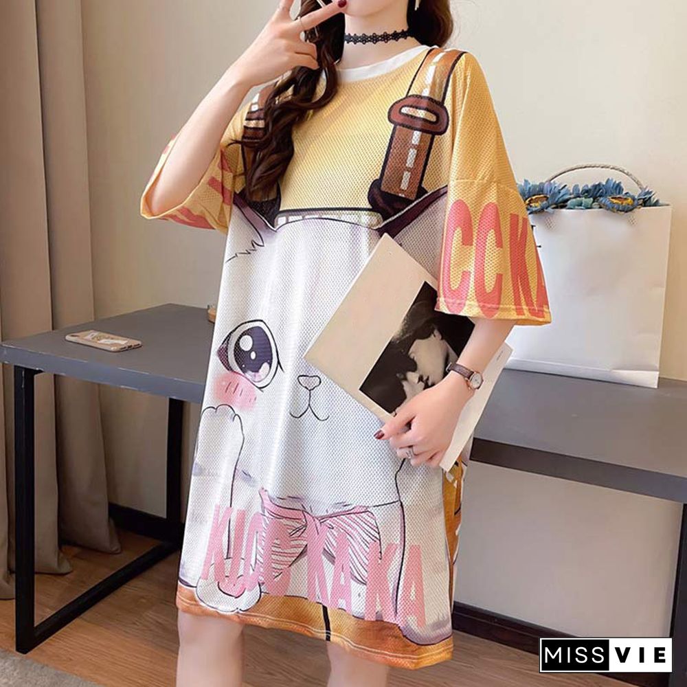 Cartoon Cat Print Loose T-Shirt