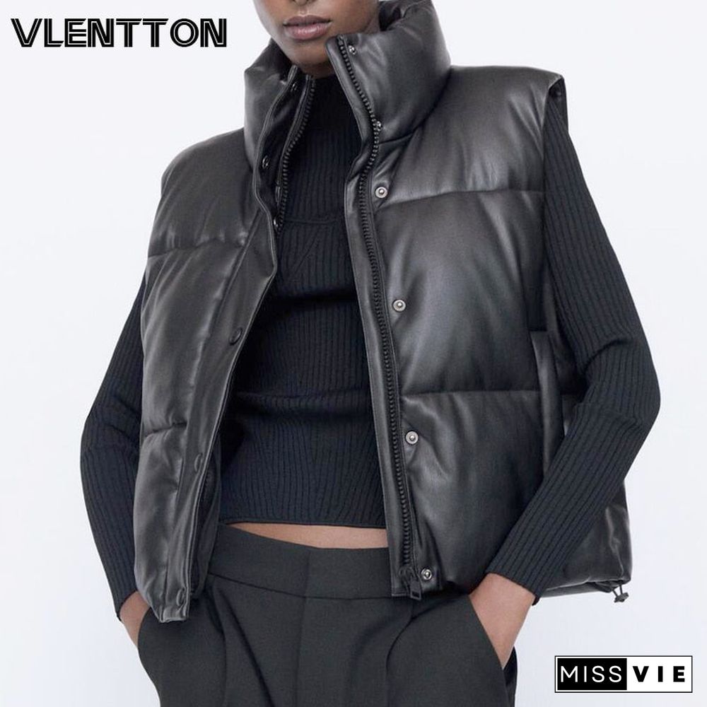 New Autumn Winter Women Black Sleeveless Faux Leather Jacket Casual Zipper Solid Coat Female Warm Cotton Outwear Tops Ladie