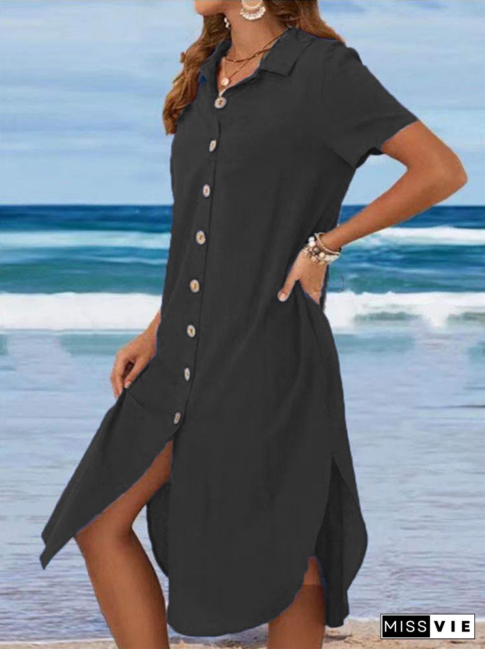 Women's Short Sleeve V-neck Buttons Midi Dress