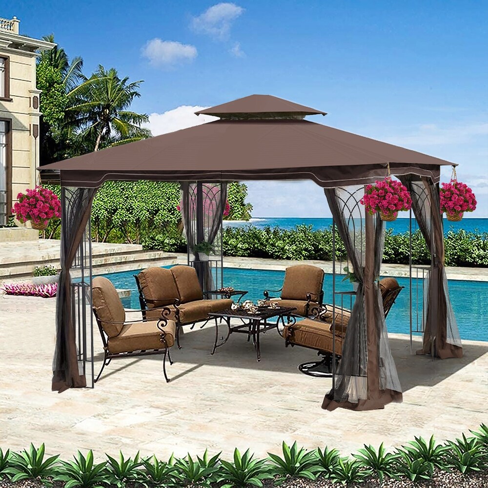 Brown Ventilated 10x10 ft Canopy Gazebo with Detachable Mesh Screens