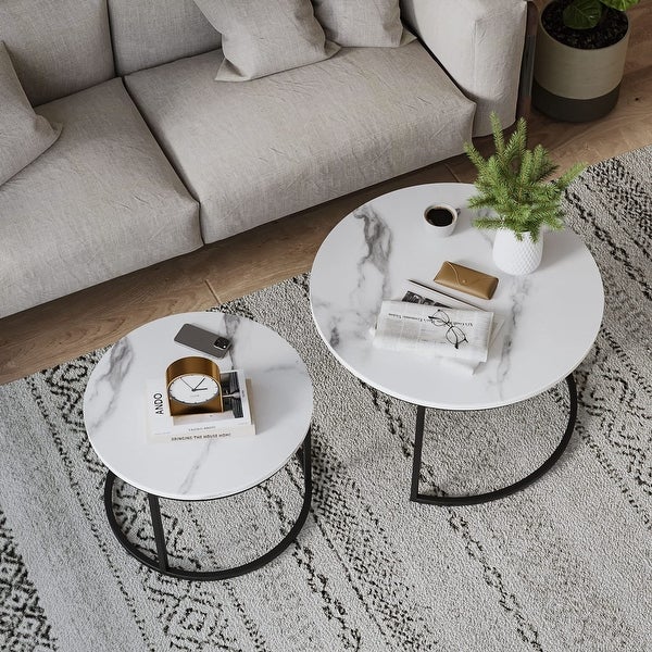 Round Nesting Coffee Table， White Modern Accent Wood Coffee Tables Set of 2， Faux Marble Coffee Table - as picture