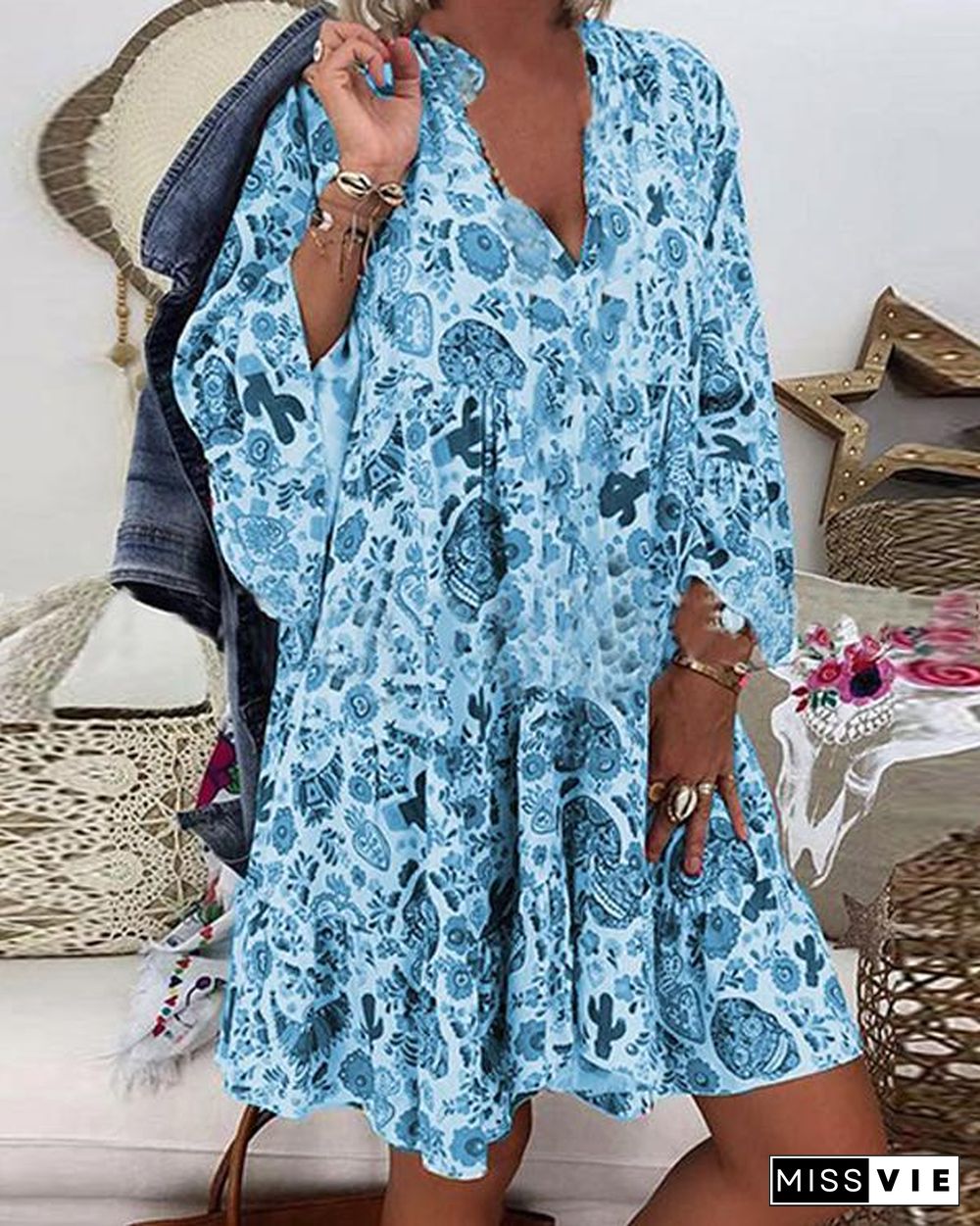 Women's Plus Size Print Mini Dress Casual Loose Dress Beach Party Dress