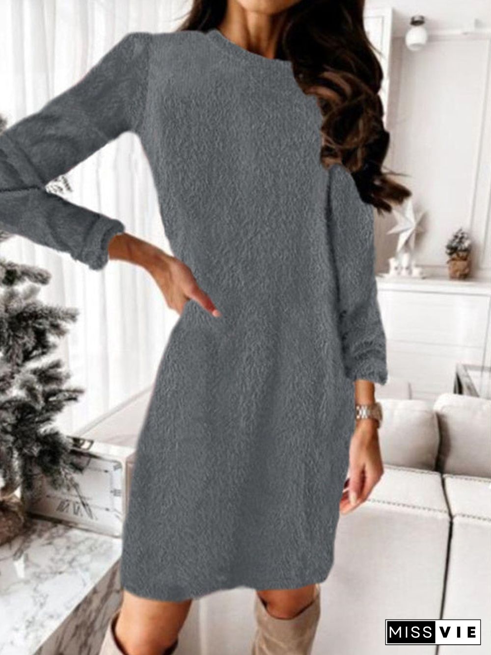 Women Seawter Long Sleeve Scoop Neck Knit Mini Dress