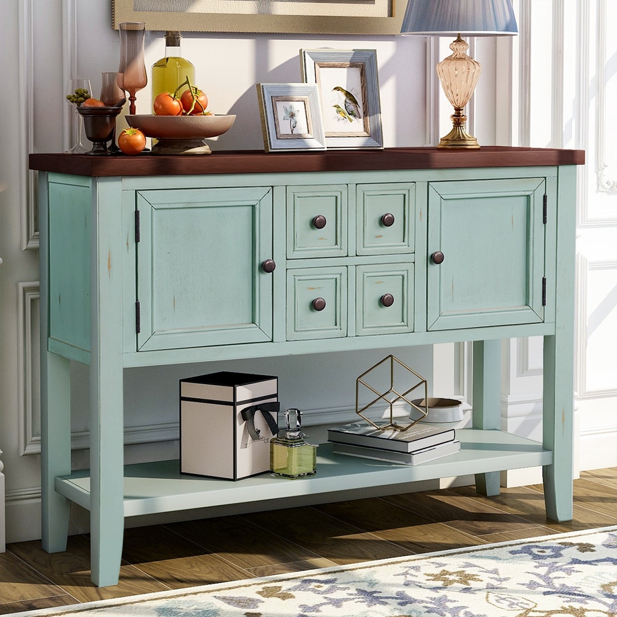 Wooden Console Table with 4 Storage Drawers and 2 Cabinets， Sofa Table with Bottom Shelf and Solid Wood Legs， Retro Blue