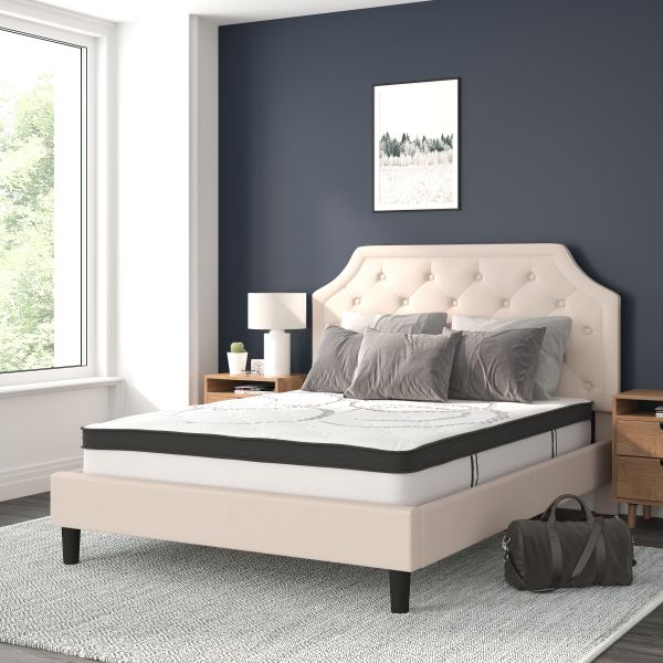 Brighton Queen Size Tufted Upholstered Platform Bed in Beige Fabric with 10 Inch CertiPUR-US Certified Pocket Spring Mattress