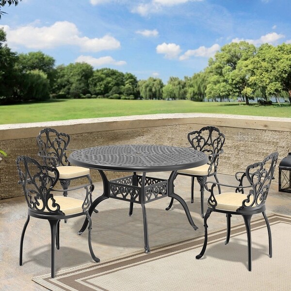 5/7Piece Cast Aluminum Outdoor Dining Set with 48.03 in. Round Table and Random Color Cushions