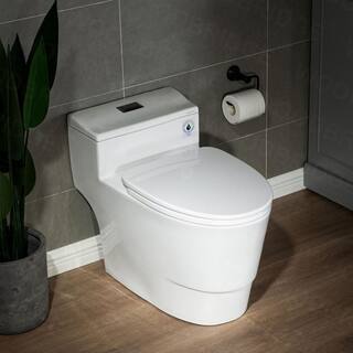 WOODBRIDGE Conserver 1-Piece 1.28 GPF High Efficiency Dual Flush Elongated All-in-One Toilet in White with Seat Included HB0735MB