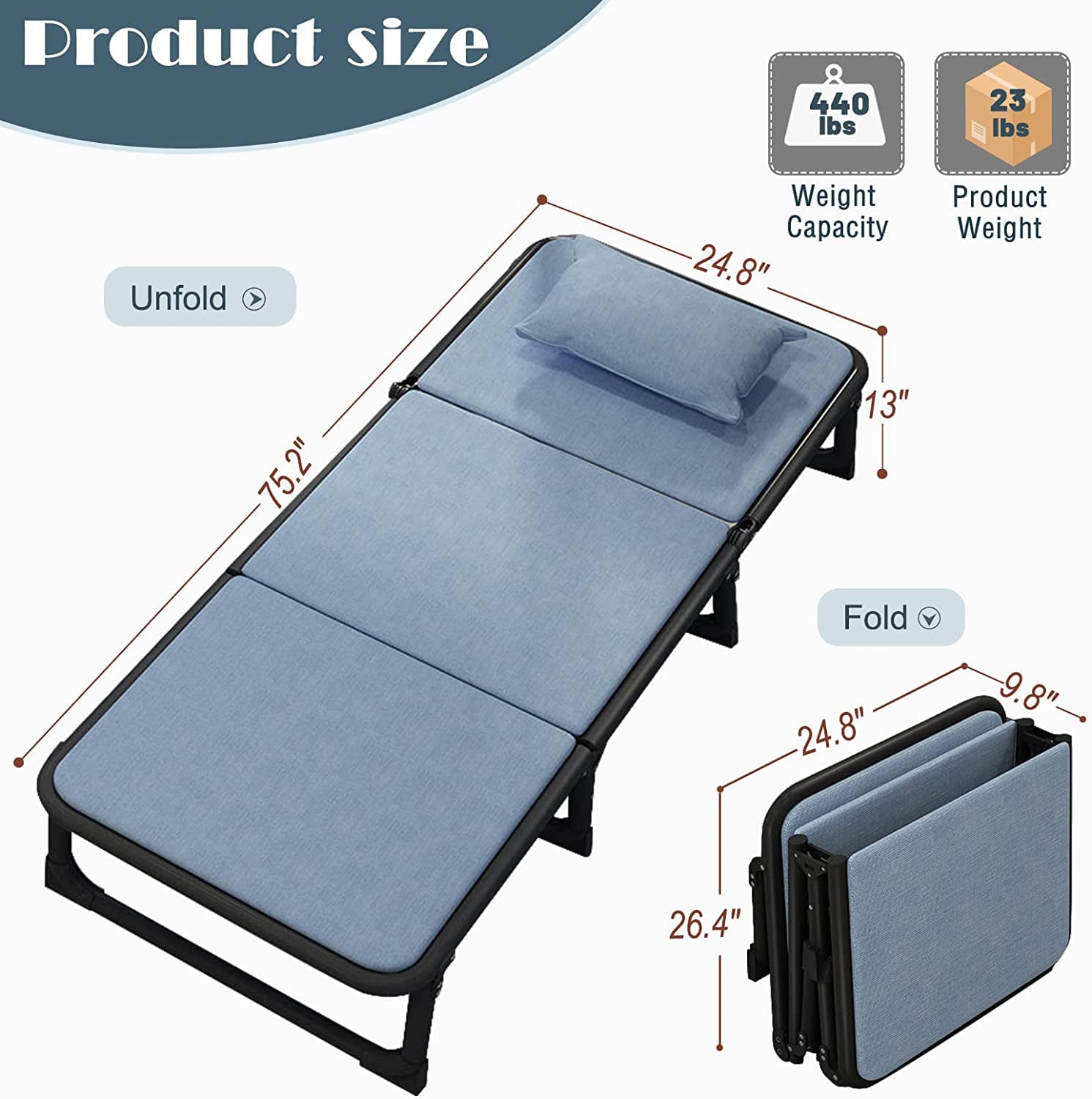 ABORON Folding Camping Bed Cots， Folding Guest Bed with Pillow for Adults Sleeping，Portable Folding Sofa Bed Cot with Frame