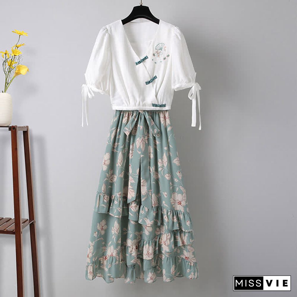 Vintage Embroidery Buckle Lace Up T-Shirt Floral Print Skirt