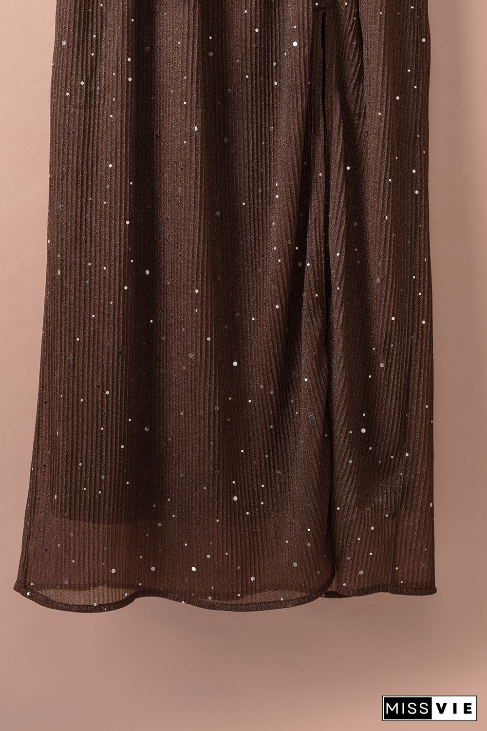 Brown Side Split Rhinestone V Neck Maxi Dress