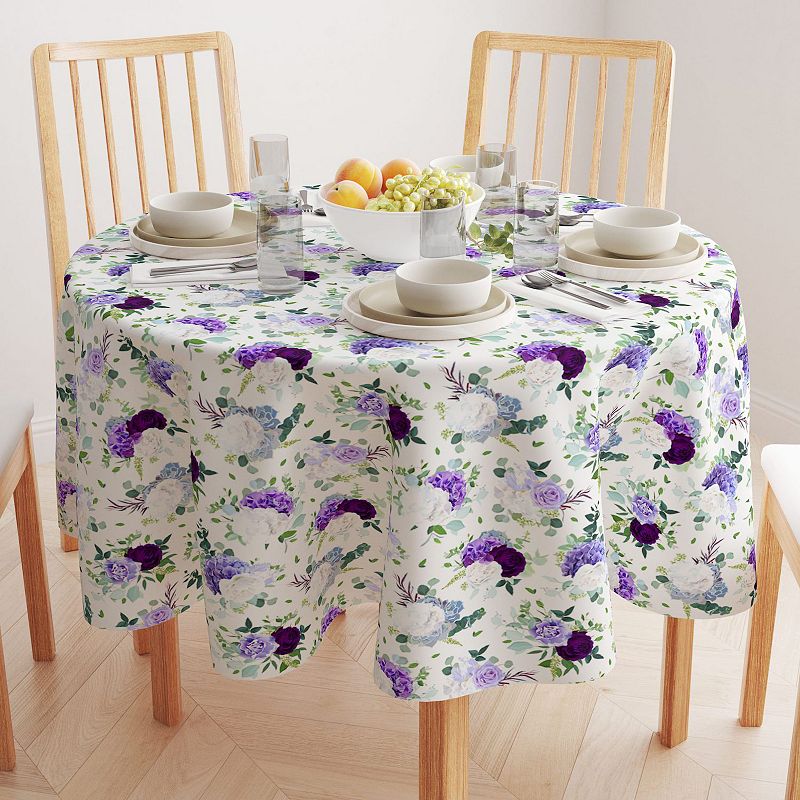 Round Tablecloth， 100% Polyester， 60 Round， Purple and White Hydrangeas