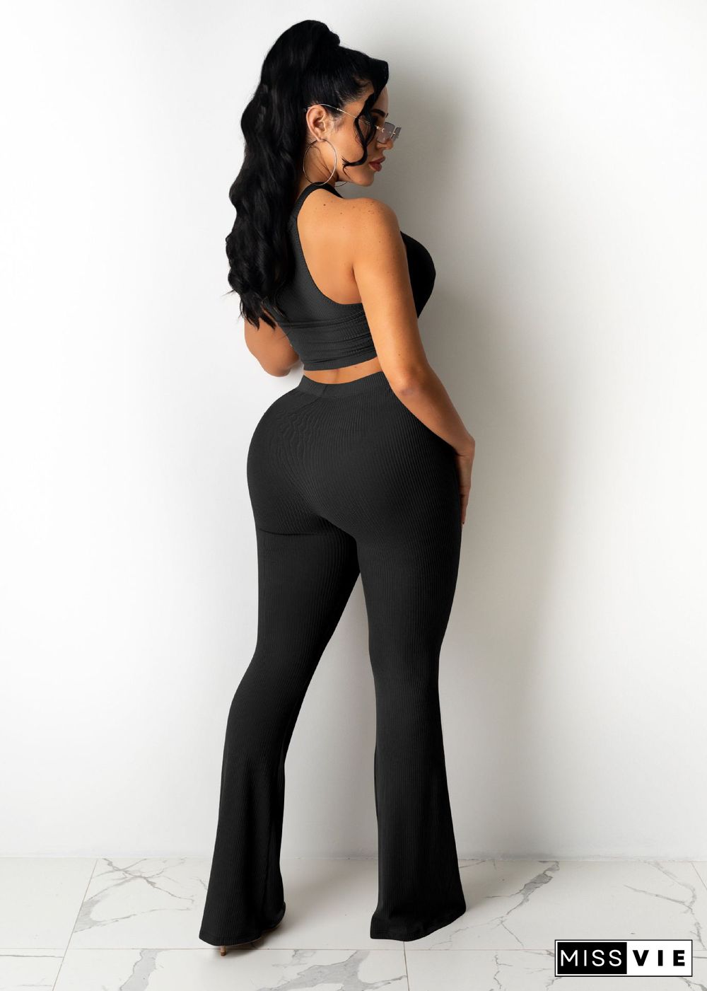 Solid Bandage Sleeveless Crop Top Flare Pants Set