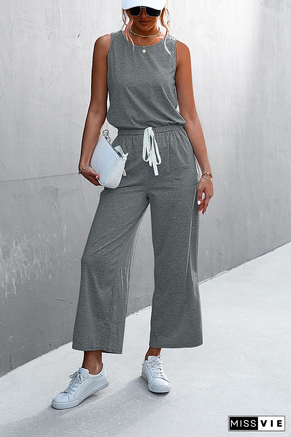 Solid Sleeveless Drawstring Waist Jumpsuit Wholesale