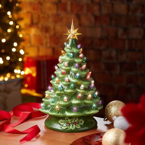 15 Hand Painted Ceramic Christmas Tree，Green PreLit Tree with Star