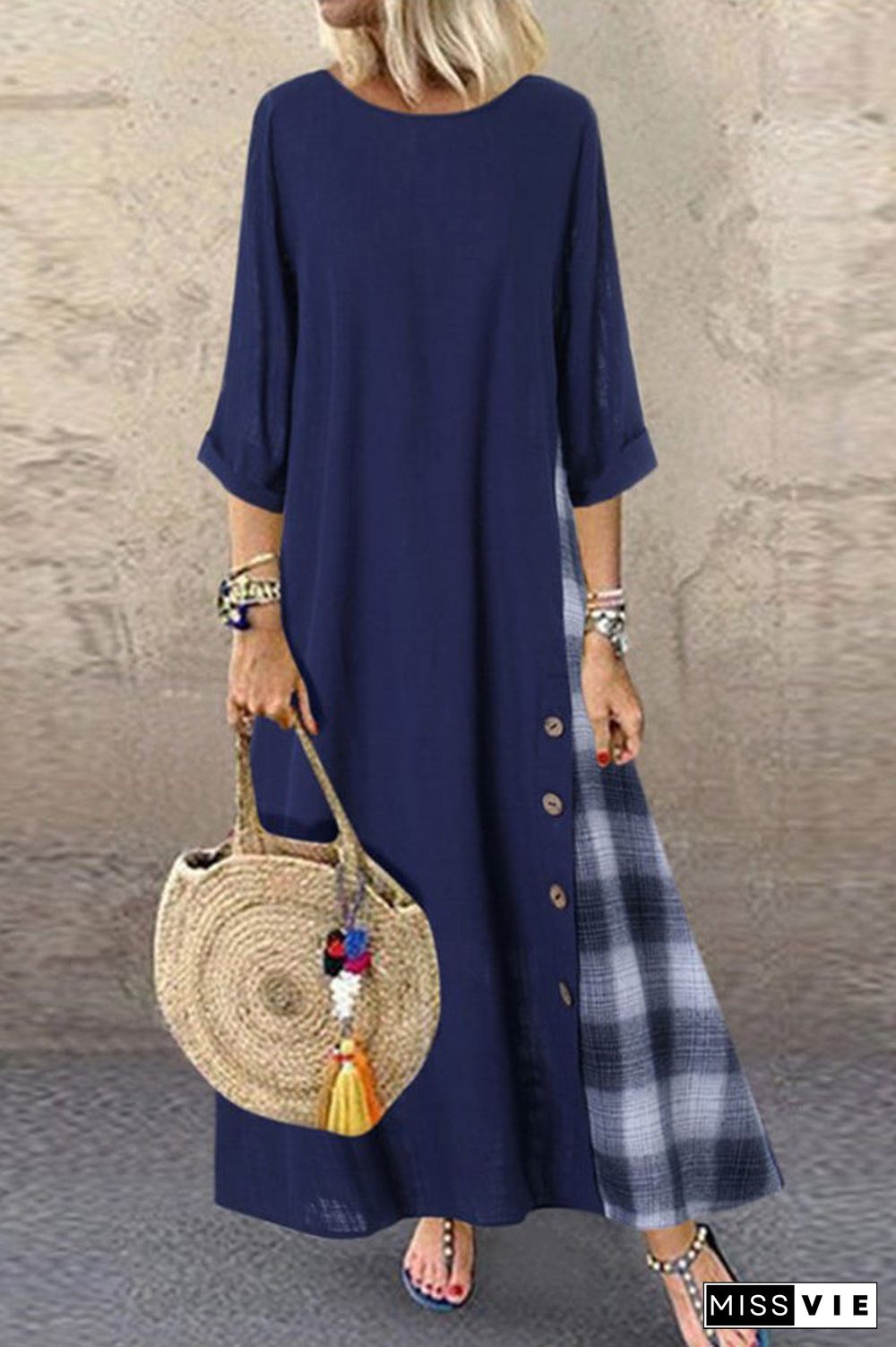 Grid Panel Buttoned Maxi Dress