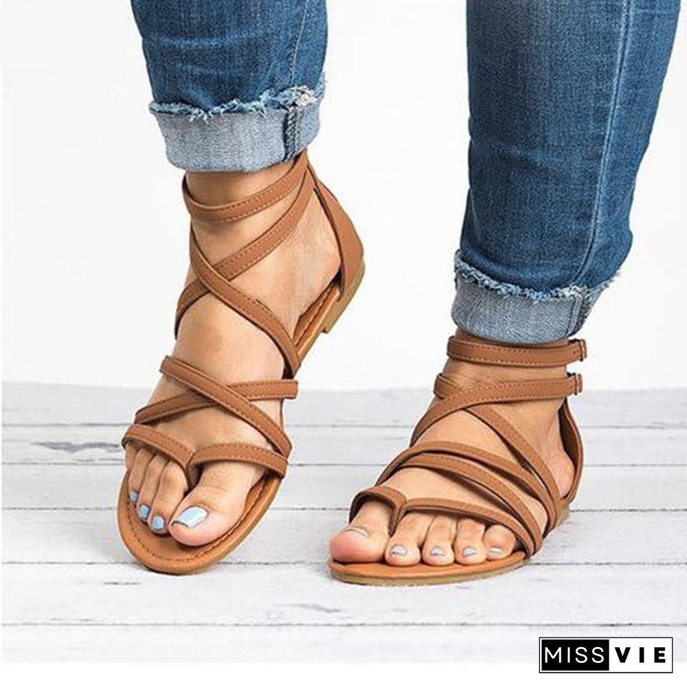 Summer Flip Flops Gladiator Sandals Shoes Beach Cross Sandals Woman Slip On Flats Casual Women Black Brown Shoes Plus Size 34-43