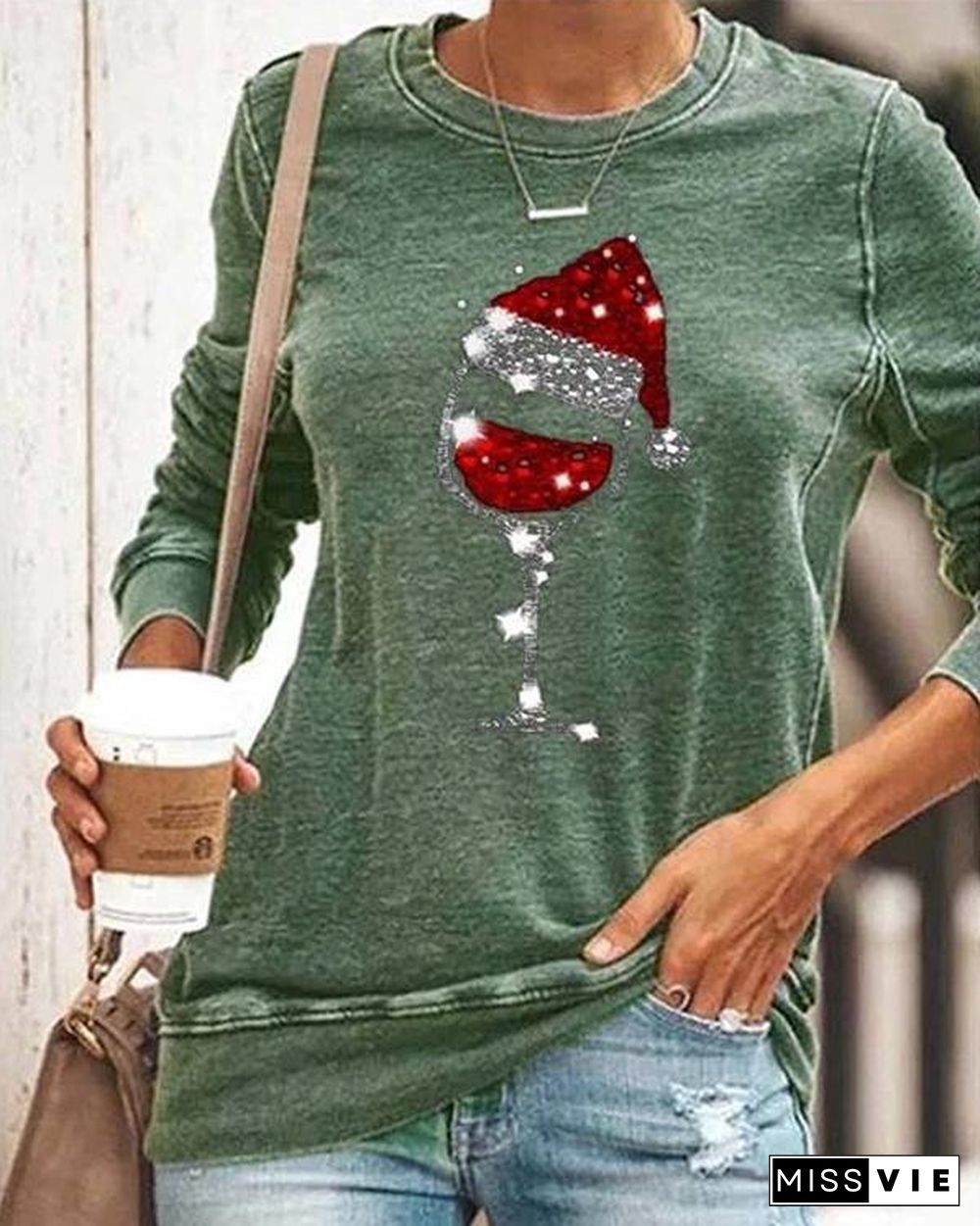 Casual Christmas Wine Glass Print T-shirts