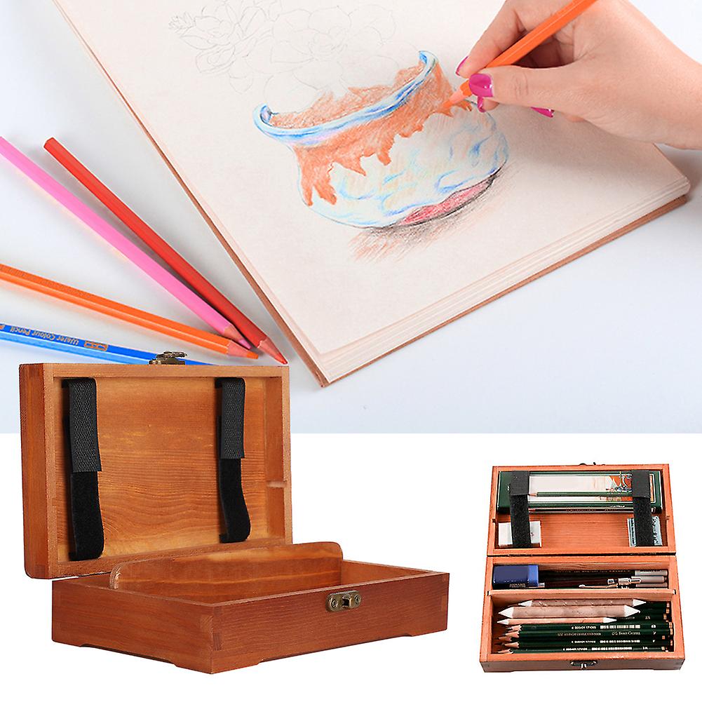 Wooden Sketching Pencil Box Antique Solid Wood Square Children Stationery Storage Case