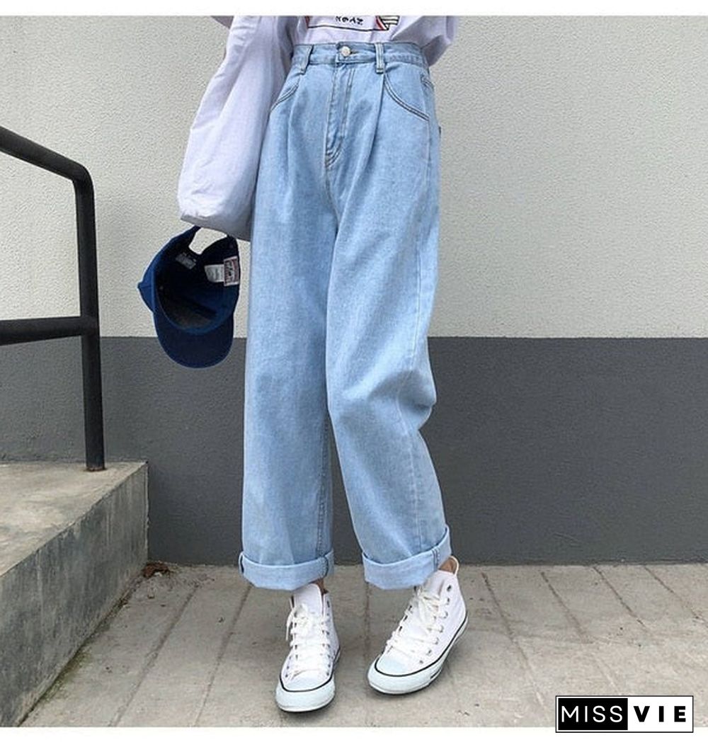 Jeans Women Solid Vintage High Waist Wide Leg Denim Trousers Simple Students All-match Loose Fashion Harajuku Womens Chic Casual