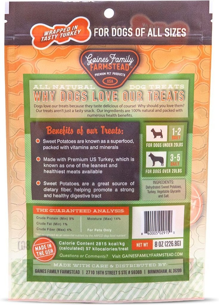 Gaines Family Farmstead Sweet Potato Turkey Wrapped Bones Grain-Free Dog Treats， 8-oz bag