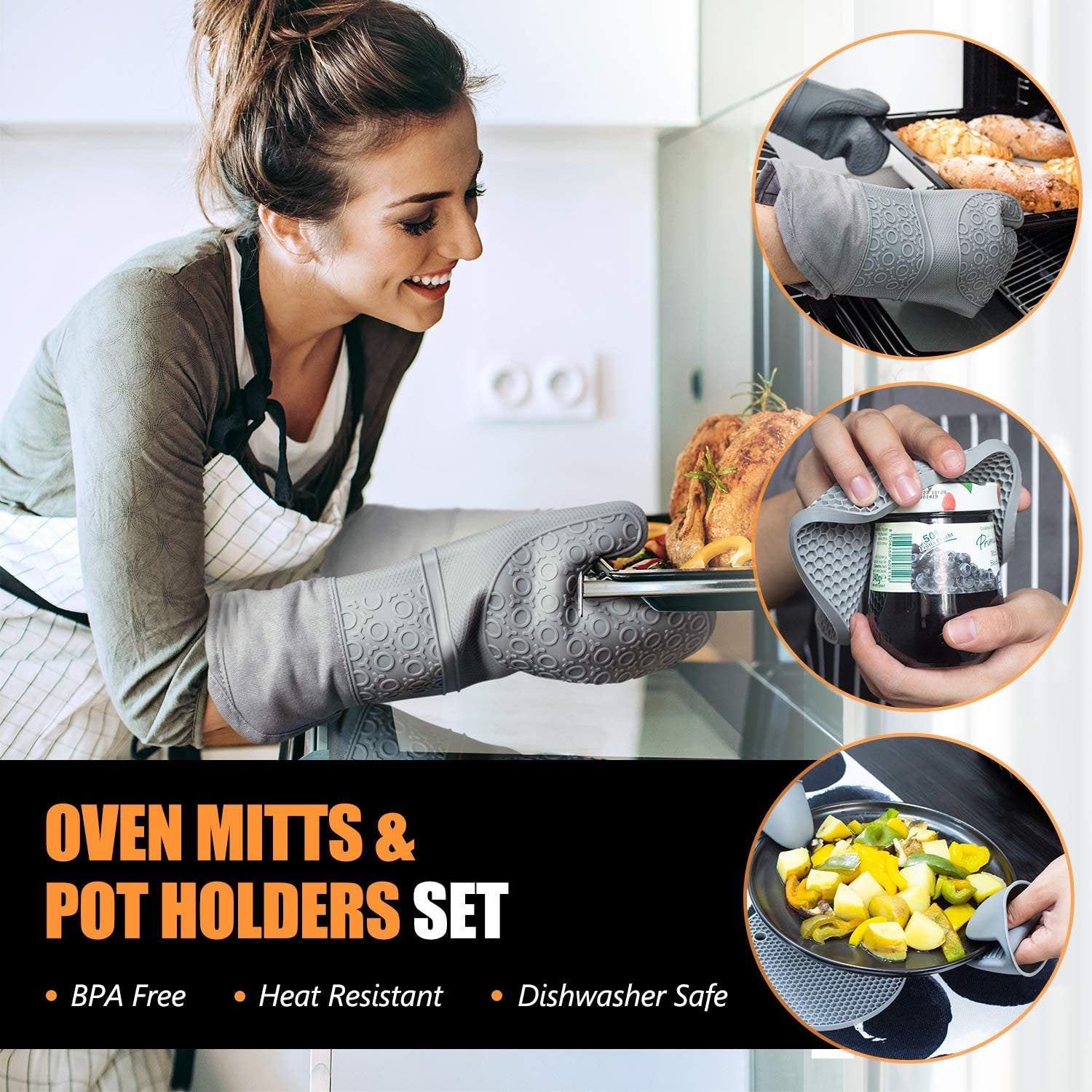 Extra Long Oven Mitts and Pot Holders Sets， RORECAY Heat Resistant Gloves Silicone Oven Mitts with Mini Oven Gloves and Hot Pads Pot Holders for Kitchen Cooking Shows Baking， Quilted Liner， Grey，6 PCS