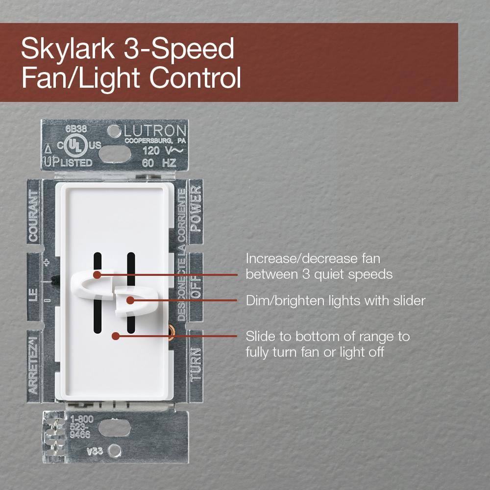 Lutron Skylark Combination Fan and Light Control 3-Speed 1.5A Fan300W Incandescent Single-Pole Light Almond (S2-LFSQH-LA) S2-LFSQH-LA