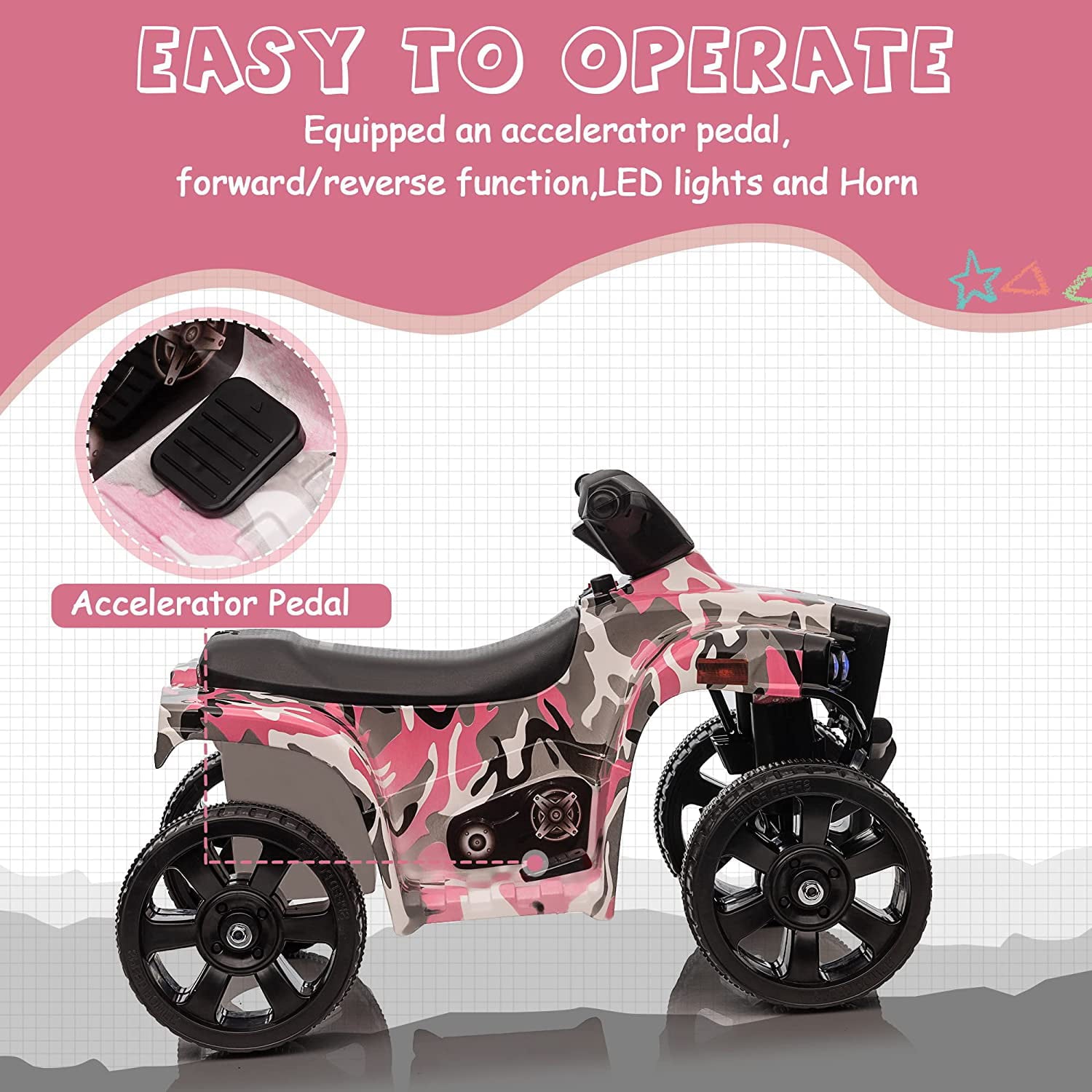 TOBBI 6V Electric Kids Ride on ATV Quad Car 4 Wheeler Ride on Toy W/ LED Headlight, Horn, Speed Indicator, Pink Camouflage