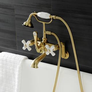 Kingston Brass Aqua Vintage 3-Handle Wall-Mount Clawfoot Tub Faucets with Hand Shower in Brushed Brass HAE59T7