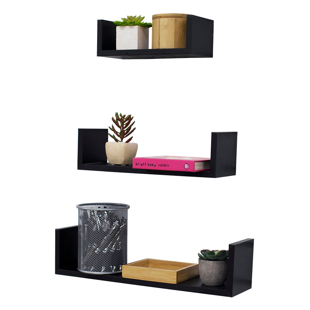 Home Basics Floating Wood Shelf, (Set of 3), Black