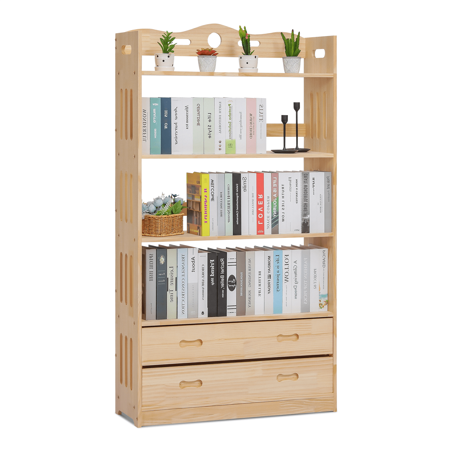 MoNiBloom Wood 5 Shelves 2 Drawers Bookshelf, Books Toys Organizer Bookcase, Natural, for Home