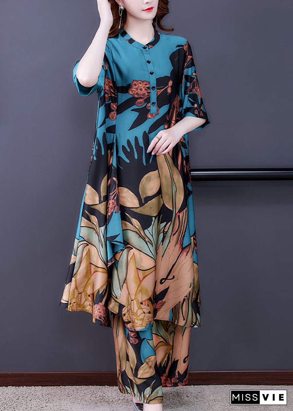 Elegant Blue Stand Collar Print Silk Shirt And Wide Leg Pants Two-Piece Set Half Sleeve