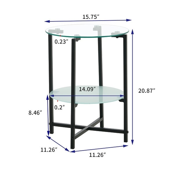 2-layer Storage Shelf Coffee Table Modern Round Side Table with Tempered Glass Tabletop End Table with Metal Frame