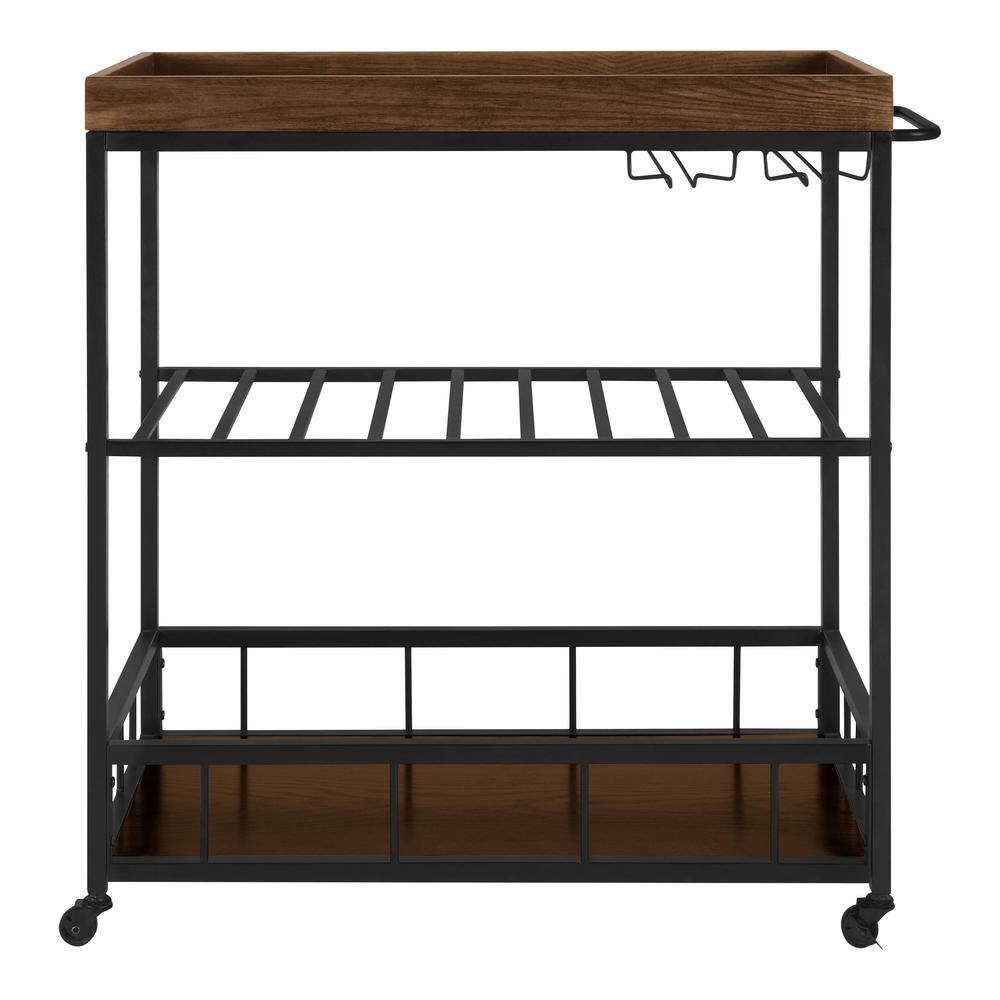 StyleWell Blake Industrial Black Metal Frame Rolling Kitchen Cart with Walnut Tray-Top and Tiered Storage Shelves (35