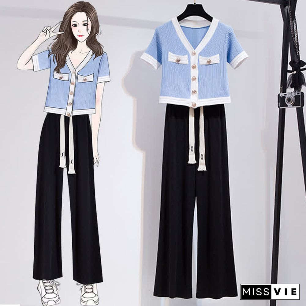 V-neck Cardigan Crop T-Shirt Drawstring Casual Pants