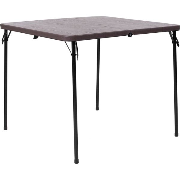 Dunham 2.83-Foot Square Bi-Fold Brown Wood Grain Plastic Folding Table with Carrying Handle