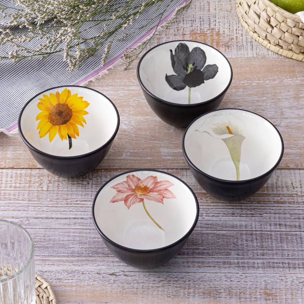 Noritake Colorwave Graphite Black Stoneware Floral Mini Bowls (Set of 4) 4 in. 7 oz. 8034-576D