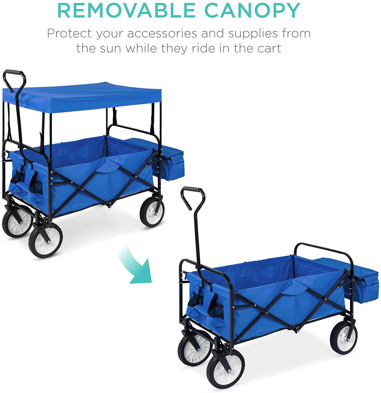 Folding Utility Cargo Wagon Cart with Removable Canopy, Cup Holders, Blue