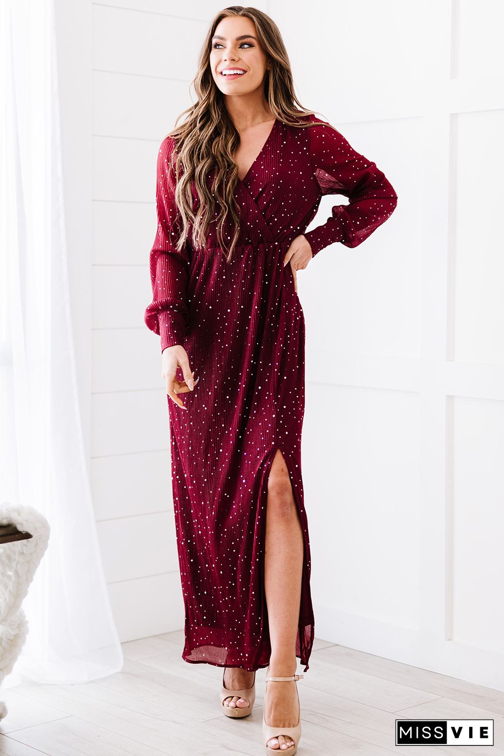 Wine Red Side Split Rhinestone V Neck Maxi Dress