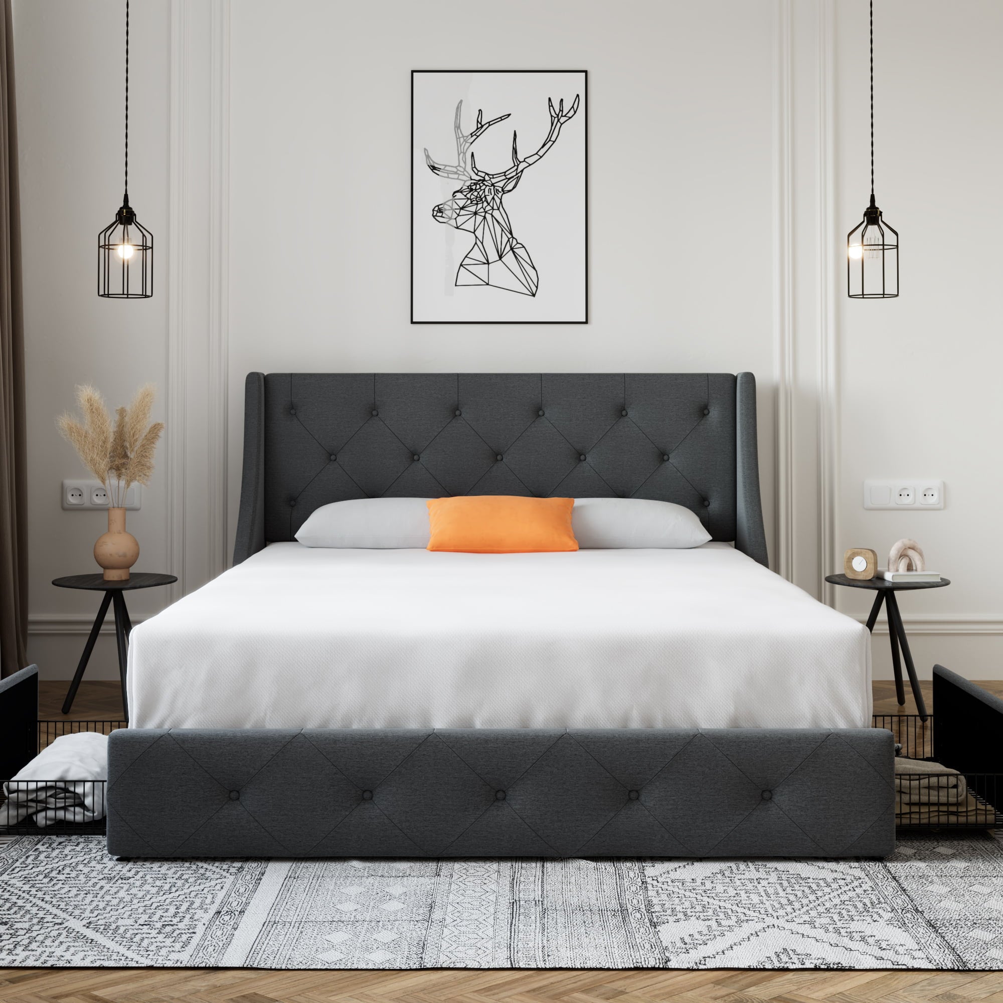 SHA CERLIN Upholstered Queen Size Platform Bed with 4 Storage Drawers and Wingback Headboard, Dark Grey