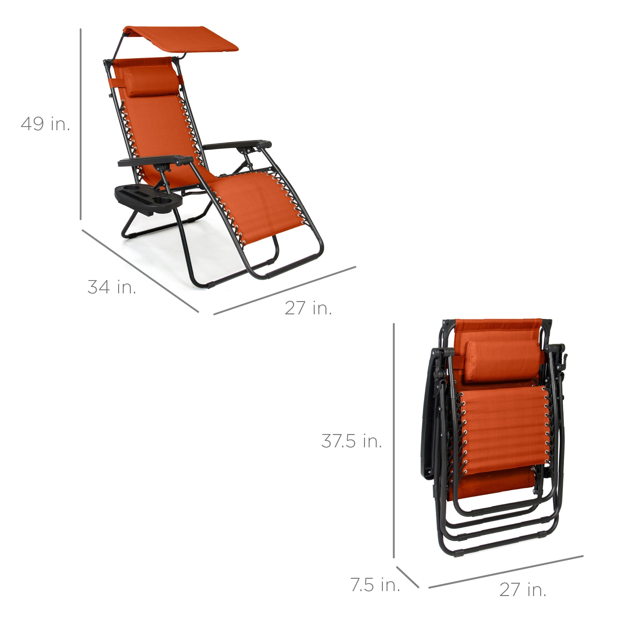 Best Choice Products Folding Zero Gravity Recliner Patio Lounge Chair w/ Canopy Shade, Headrest, Tray - Burnt Orange