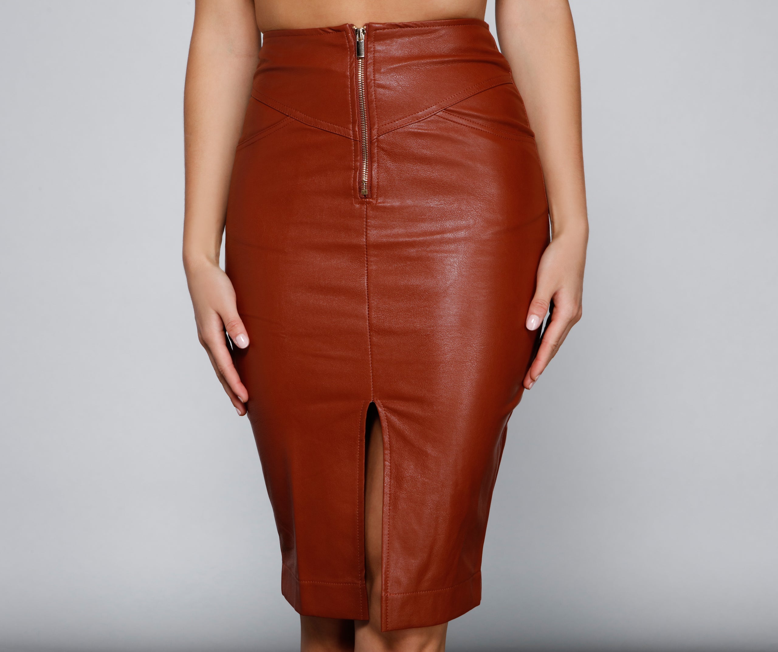 Sleek Style Faux Leather Midi Skirt