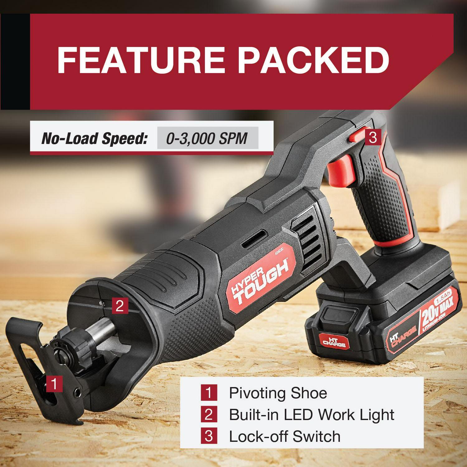 Hyper Tough 20V Max Lithium-ion Cordless Reciprocating Saw， Variable Speed， Keyless Blade Change， with 1.5Ah Lithium-ion Battery and Charger， Wood Blade and LED Light