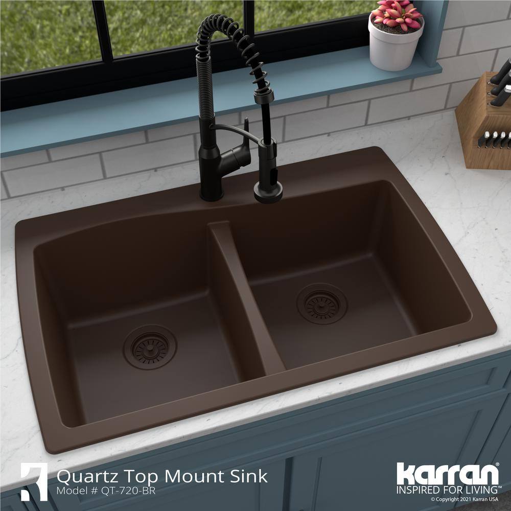 Karran QT-720 QuartzGranite 34 in. Double Bowl 5050 Top Mount Drop-In Kitchen Sink in Brown with Bottom Grid and Strainer QT-720-BR-PK1